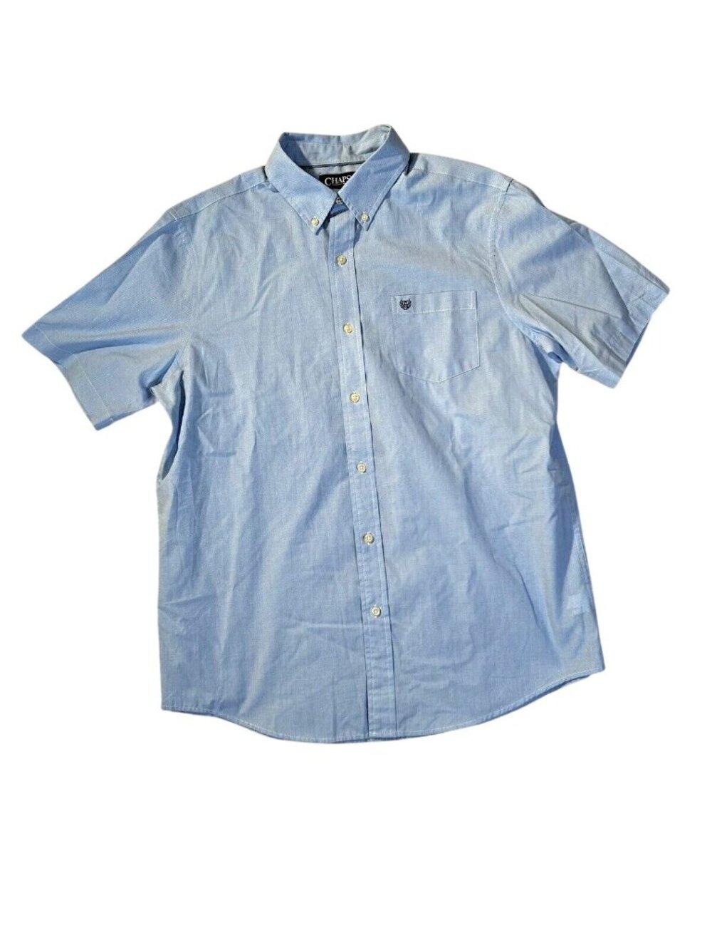 Chaps Mens Short Sleeve Shirt Button Lg Down Easy Care Blue White Pocket Check